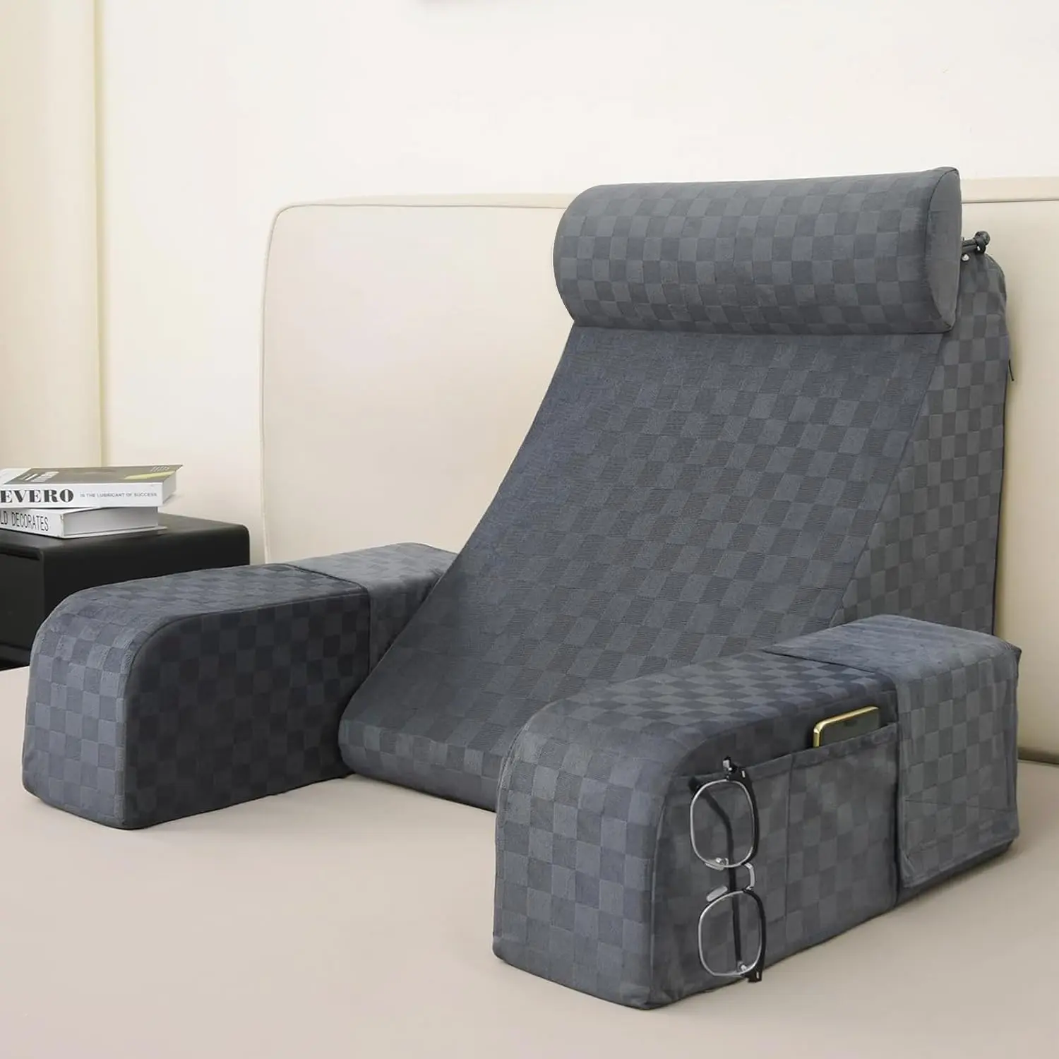Reading Pillow for Adults – Ergonomic 45° Wedge Back Support Chair for Sitting in Bed, XL Side Pockets, Perfect for Working, Gaming, Watching TV, Relaxing, or Recovery, Great Gift Idea, 19”