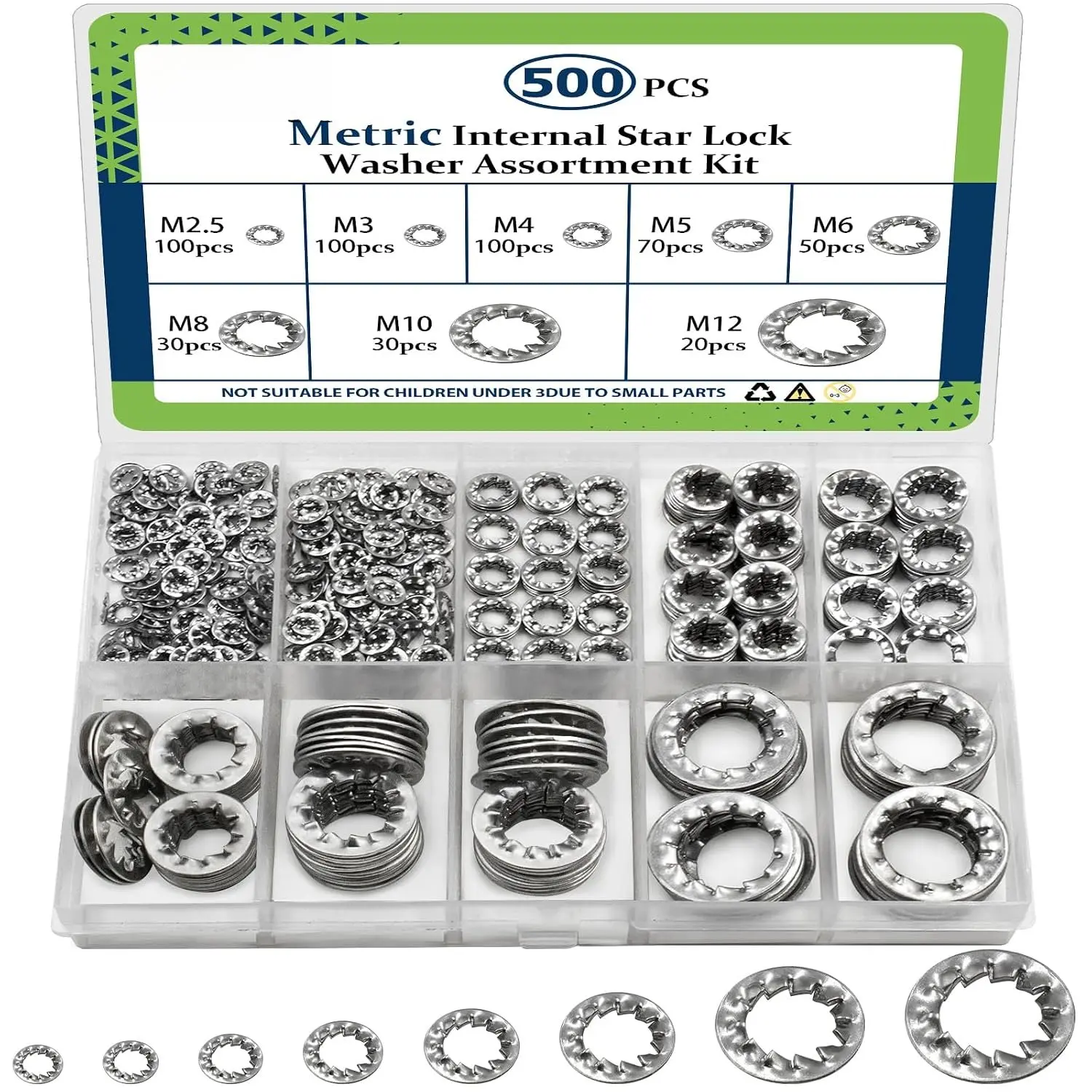 304 Stainless Steel Anti-Loosening Internal Lock Washers Kit (500 Pack) - M2.5-M12 Metric Sizes, Metric Fasteners, Ideal for DIY Users, Furniture Repair, M2.5-M12 Sizes