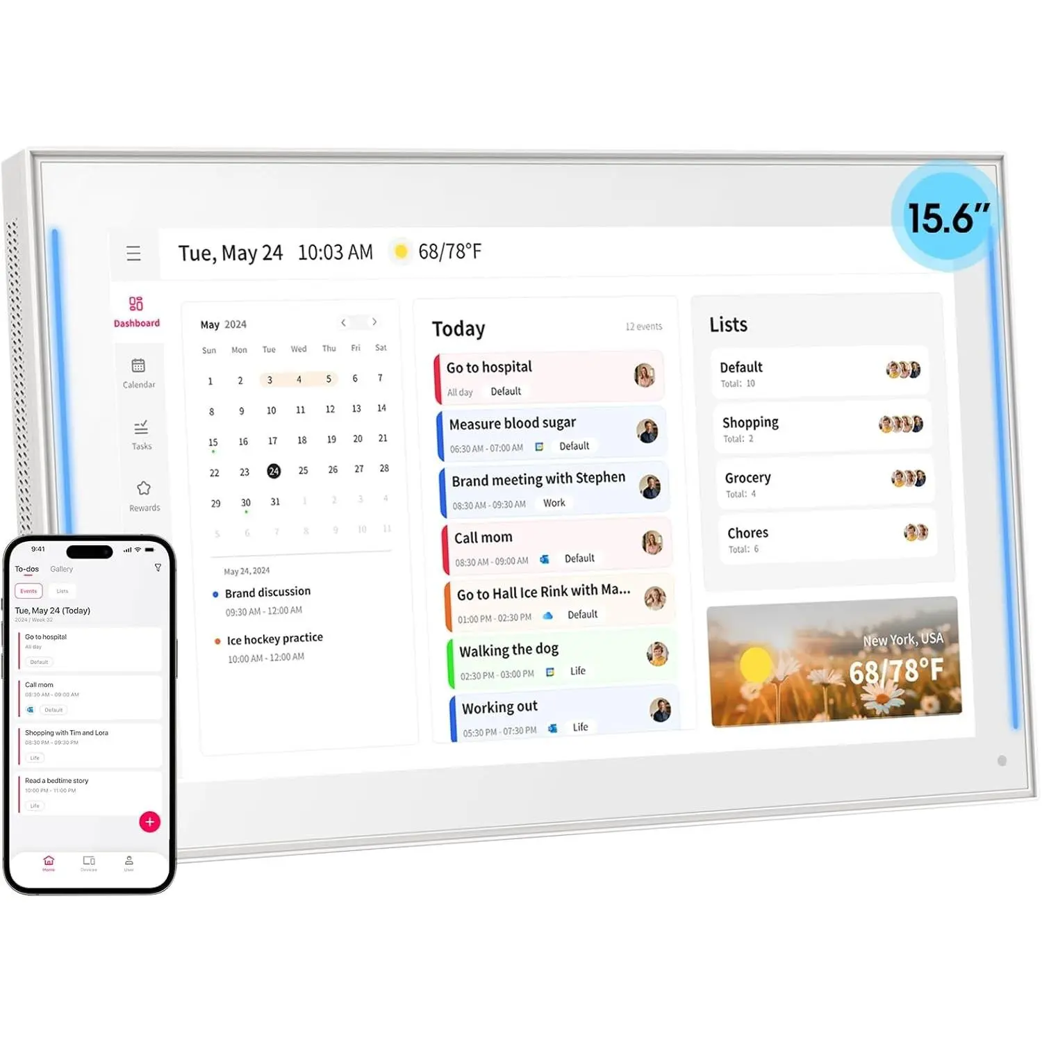 15.6" Wall Planner Digital Calendar & Chore Chart with LED Reminder Light, Smart Full HD Touchscreen Interactive Display for Family Schedules, Meal Planner, To Do List, Great for Organizing Your 2026 Calendar