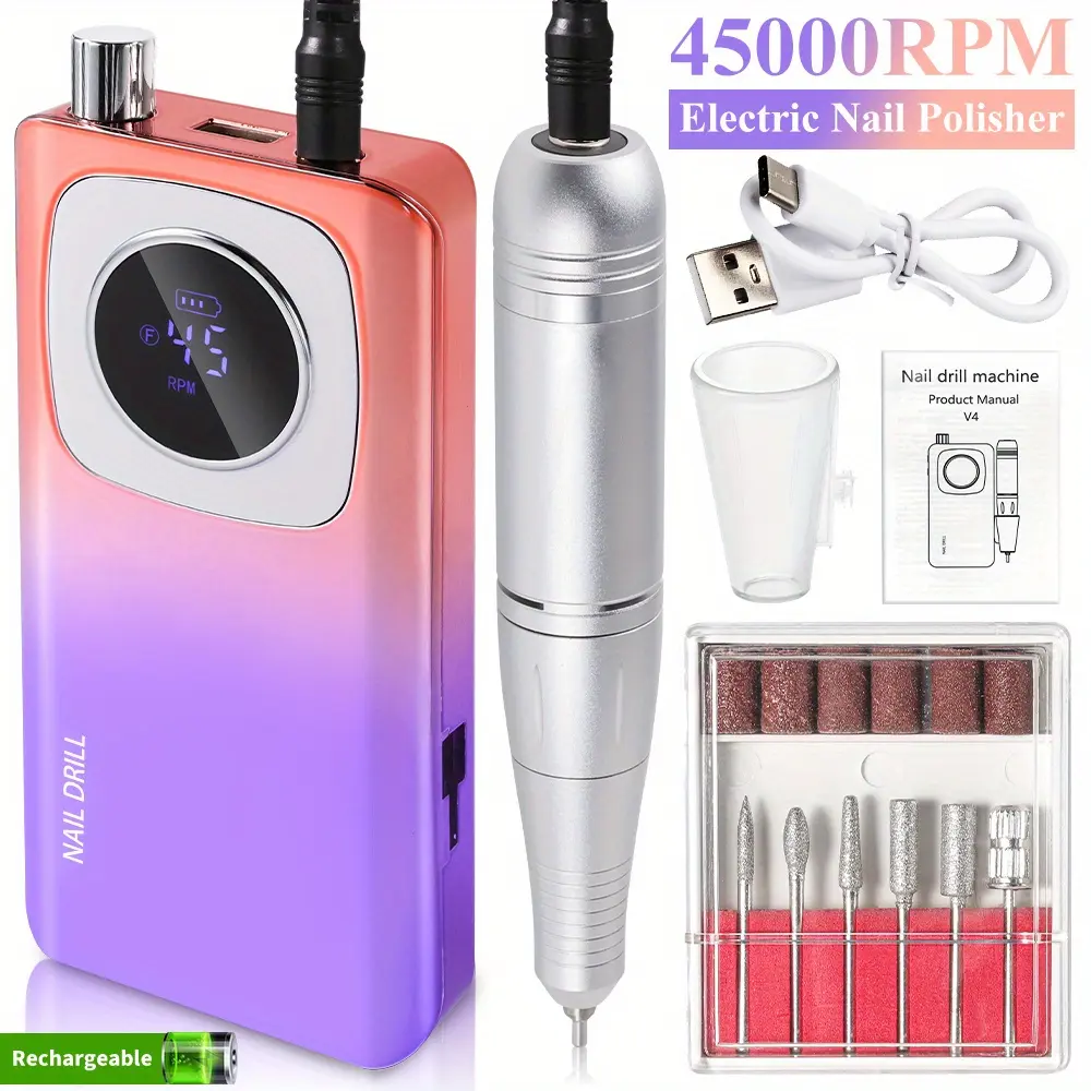 Professional Rechargeable Cordless Electric Nail File Kit - 45000 R/Min, Drill & Bracket Included, Portable, for Nail Glue Removal, Home & Salon Manicure Pedicure Care