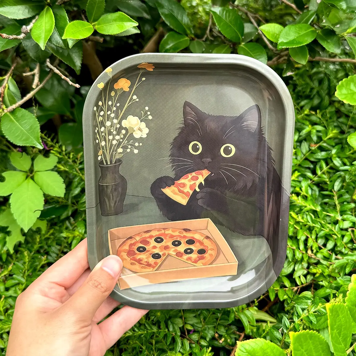 Illustrated Black Cat Eating Pizza With Vase And Small Flowers Printed Rounded Rectangular Metal Storage Tray, Household Desktop Vanity Organizer Plate for Jewelry, Necklaces, Lipsticks and Cosmetics, Entryway Storage Box for Keys, Coins and Small Sundrie