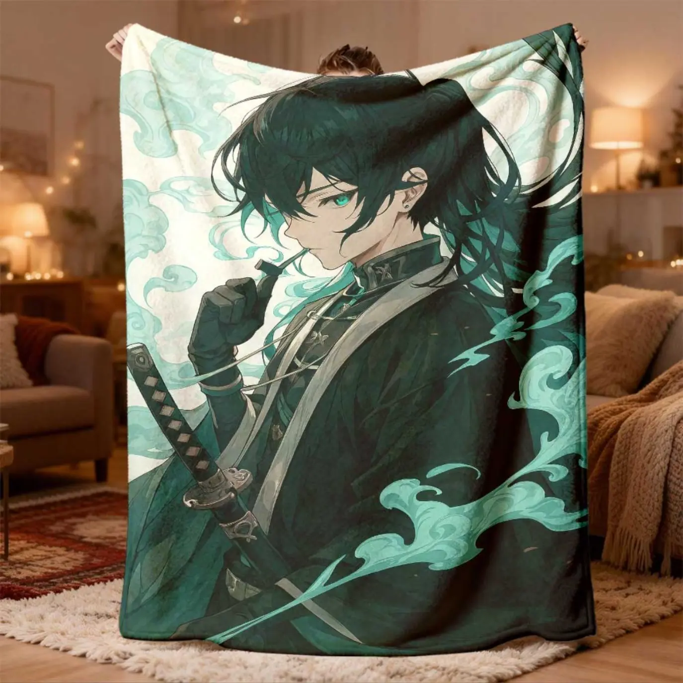 Anime Character Flannel Blanket, Muichiro Tokito Inspired Cartoon Throw Blanket Soft Cozy Warm Plush Fleece Blanket, Lightweight Multi-Season Bed Sofa Travel Blanket Gift For Anime Fans, Kids And Adults Home Decor