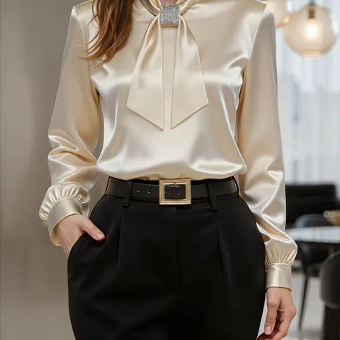 Luxurious Champagne Color Satin Shirt, Bow-Tie Collar, Lantern Sleeves, Back Keyhole Cutout with Faux‑Pearl Button, Elegant Light Glossy Finish, Elegant Casual Office Blouse