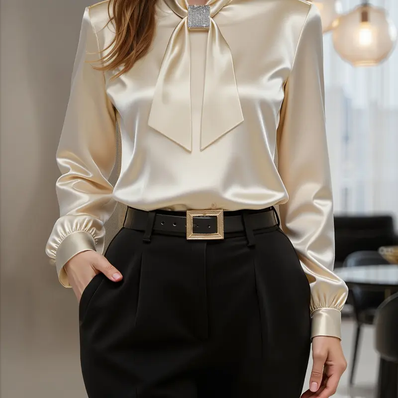 Luxurious Champagne Color Satin Shirt, Bow-Tie Collar, Lantern Sleeves, Back Keyhole Cutout with Faux‑Pearl Button, Elegant Light Glossy Finish, Elegant Casual Office Blouse