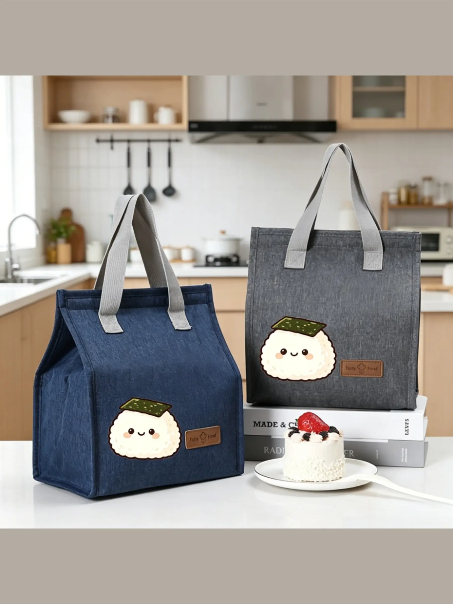 Cartoon Kawaii Onigiri Rice Ball Pattern Portable Lunch Tote Bag, Cute Bento Bag, Magic Tape Seal Insulated Heat Cold Preservation Food Bag, Waterproof Oxford Fabric Handheld Lunch Bag For Work School Camping Trip