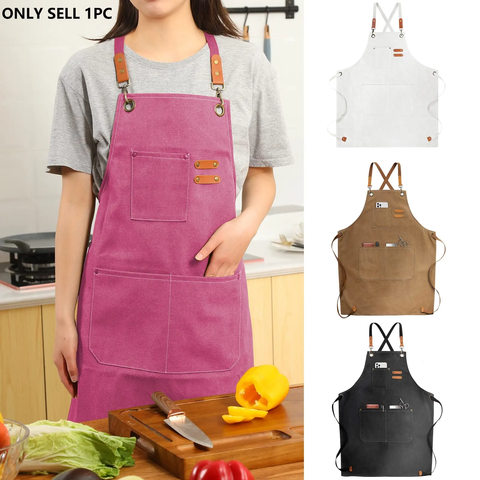 Chef Aprons for Men Women with Large Pockets, Canvas Cross Back Heavy Duty Adjustable Work Apron