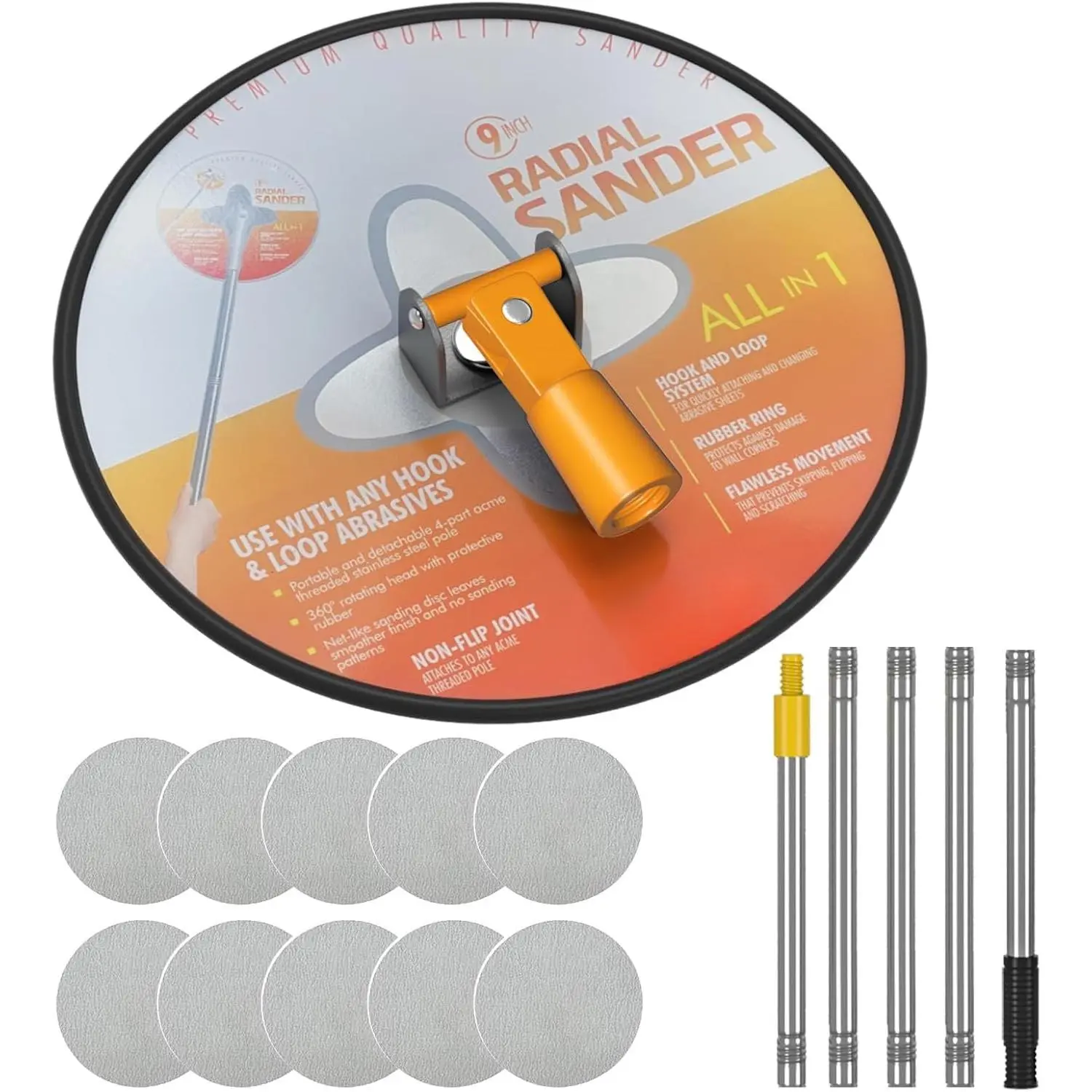 Drywall Pole Sander with Extension Pole, 360° Rotation Wall Sander with 10 count Sanding Sheets (80/100/120/180/240Grit), Pole Sanding Tool for Painted Walls and Ceilings