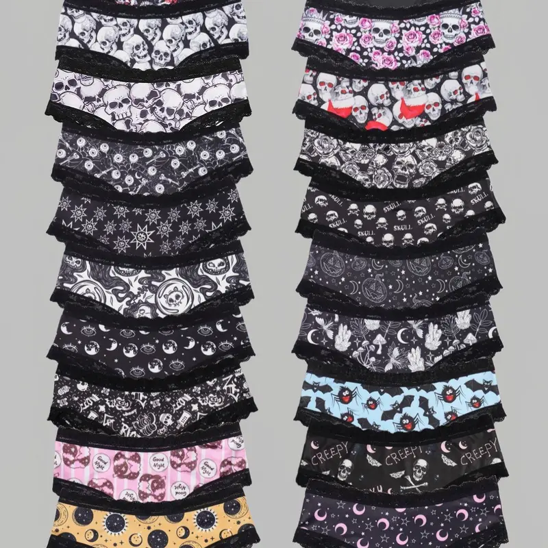 Morvia 20pcs Sexy Cute Gothic Halloween Contrast Lace Hipster Panties, Allover Print Comfy Breathable Fitted Construction Intimates Briefs Panties, Women's Underwear & Lingerie, Breathable Panty, Breathable Knickers