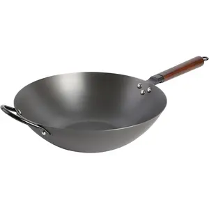 Carbon Steel Wok 14 Inch Flat Bottom Stir Fry Pan Durable Heavy Duty Cookware for High Heat Cooking Stir Fry Sautéing Frying Compatible with Gas Electric and Induction Stovetops