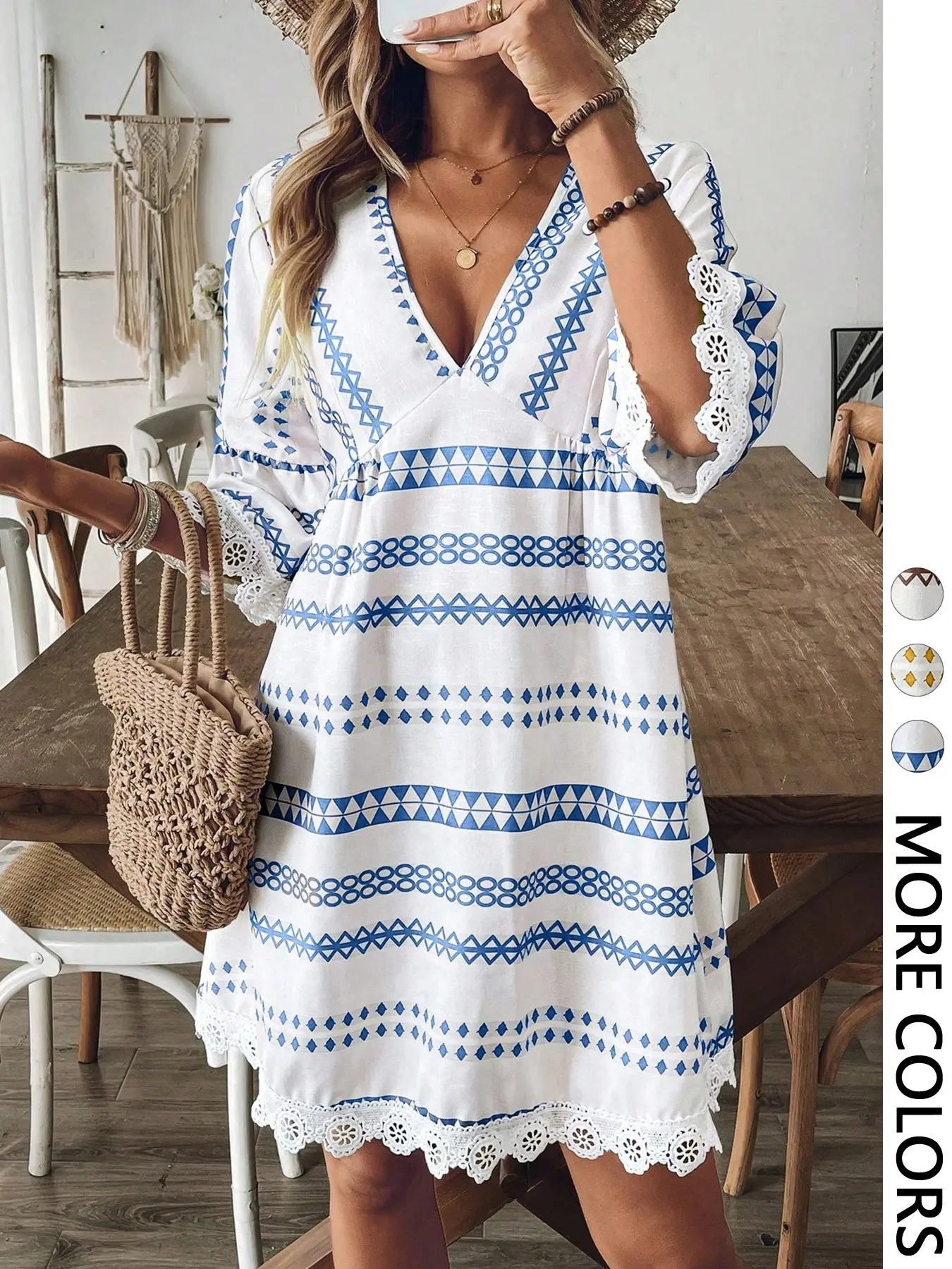 Summer Geometric Print V Neck Lace Trim Seven-Quarter Sleeve Doll Dress, Boho Fashion Casual Style Beach Vacation Casual Dress for Women, Beach Resort Wear