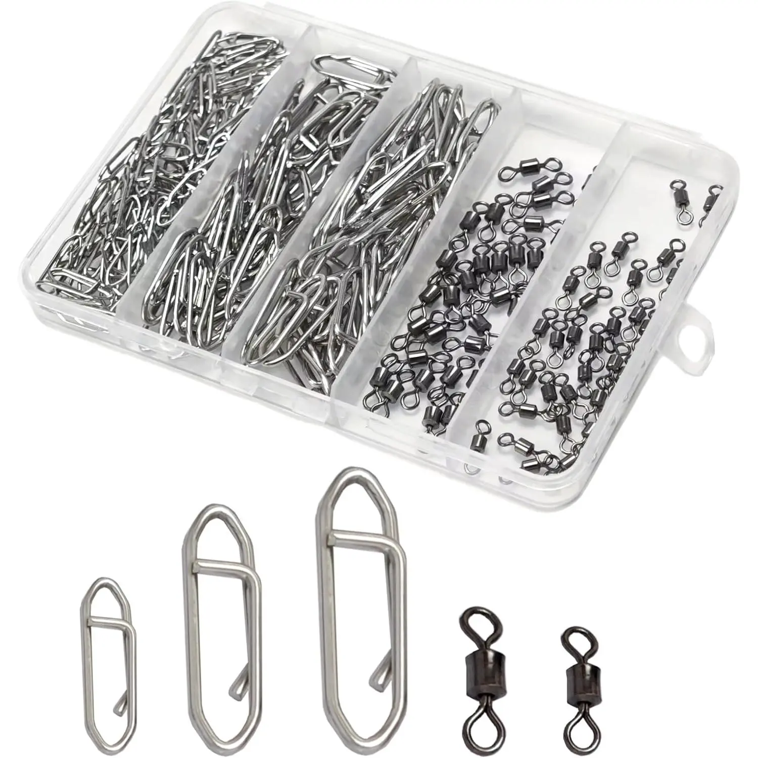 220 count Speed Clips and Barrel Swivels Kit, Stainless Steel Quick Change Lure Snaps & Heavy Duty Saltwater Black Nickel Rolling Swivels, Terminal Tackle  for Bass & Surf Fishing