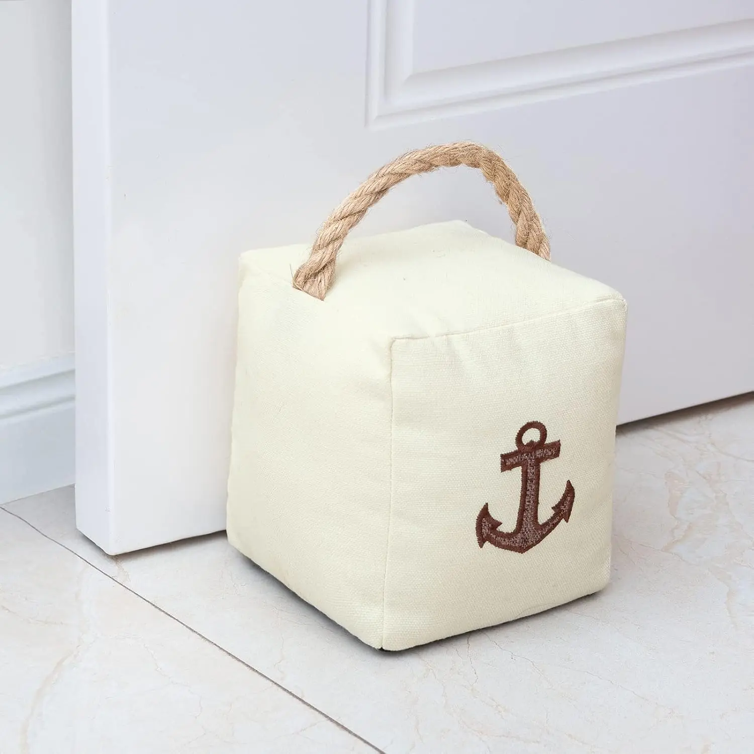 Fabric Door Stopper Decorative Door Stops for  and Office, 3.3 pounds Weighted Interior Doorstop Heavy Duty Soft Door Stopper with Handle and Nautical Anchor Design - 5" x6” Beige