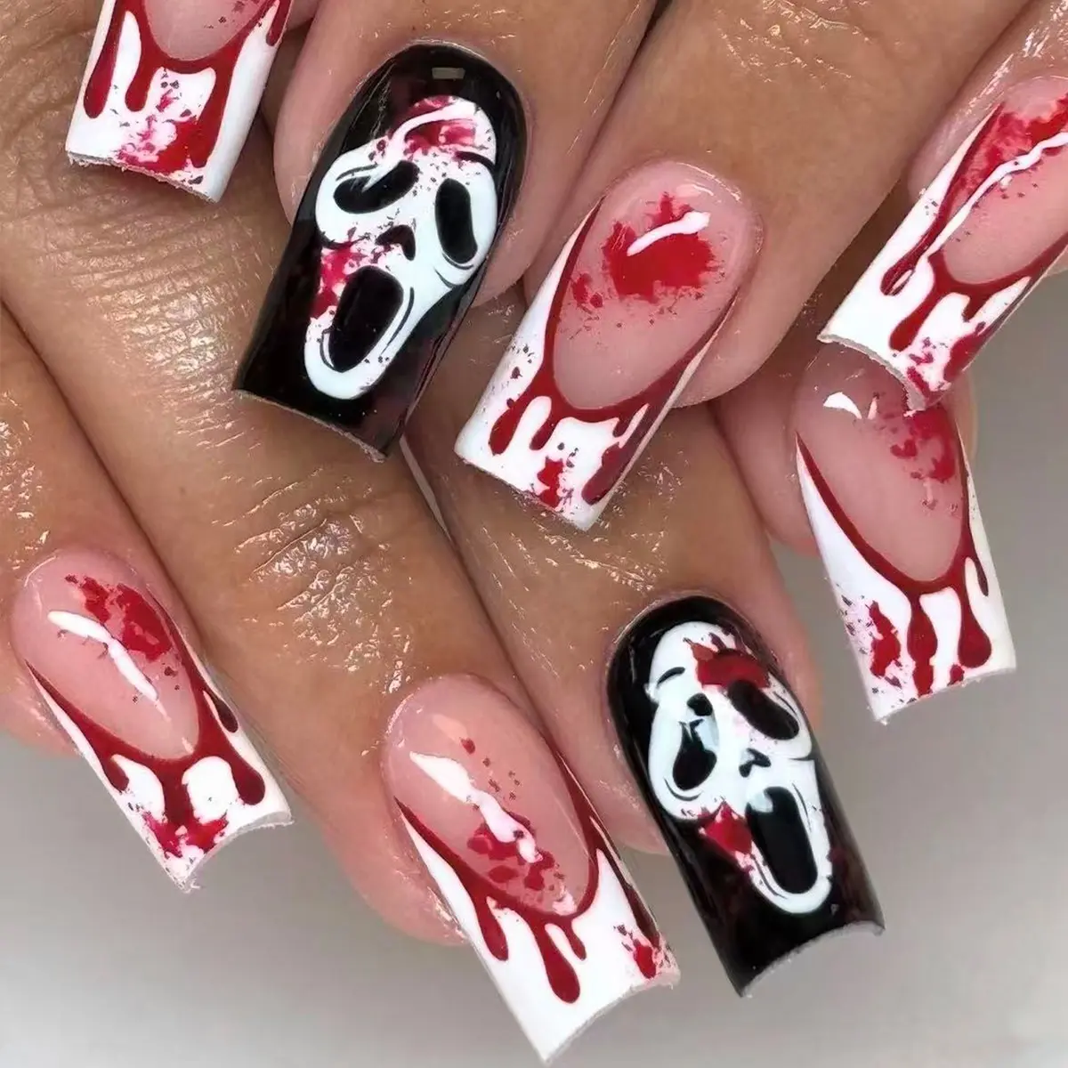 [halloween] 24pcs Long Square Press-On Nails, Ghost Face & Blood Drip Design, Nail Designs, Nude Base, Faux Nail Set for Halloween Parties