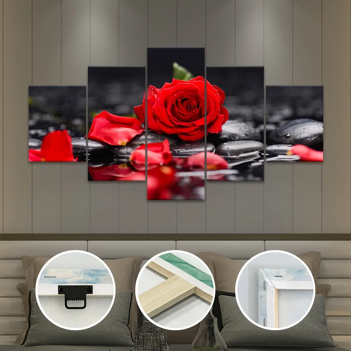 5 Framed Red Roses & Zen Stone Canvas Posters, 5-Panel Modular Modern Art Prints, Wood Ornament Wall Decor for Bedrooms, Living Rooms, Ideal for Home Furnishing & Gifting