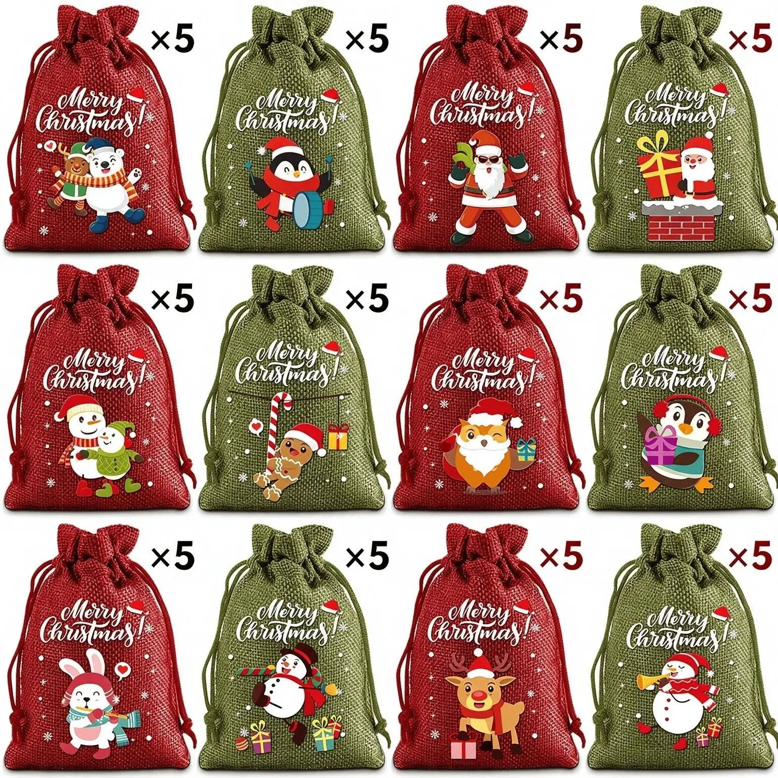 60 Pack Christmas Drawstring Gift Bags, Burlap Jute Xmas Wrapping Pouches, Festive Sack Bags for Presents, Holiday Decor & Party Favours