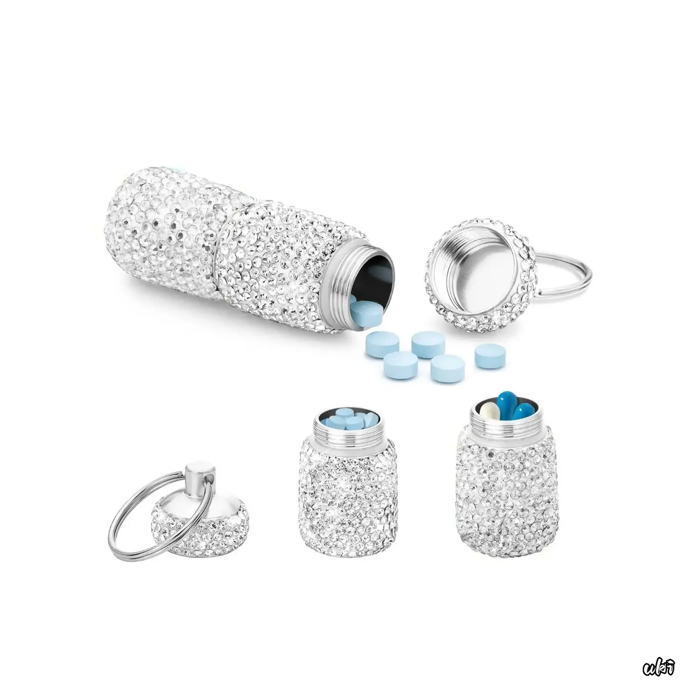 Silver Sparkling Rhinestone Decor Portable Pill Box Keychain - Lightweight, Compact Size, Easy to Hang, Holds Daily Vitamins, Mini Pill Organizer for Women, Stylish DIY Bag Accessory Pendant with Key Ring, Unisex, Miniature, Daily Use