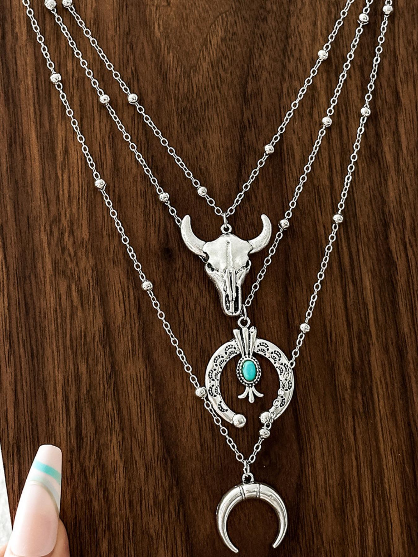 Western Cowboy Necklace Set, Vintage Style Necklace, Boho Style Necklace with Bull Head & Horseshoe & Flower & Cactus Pendant, Fashion Jewelry Accessories for Women & Men