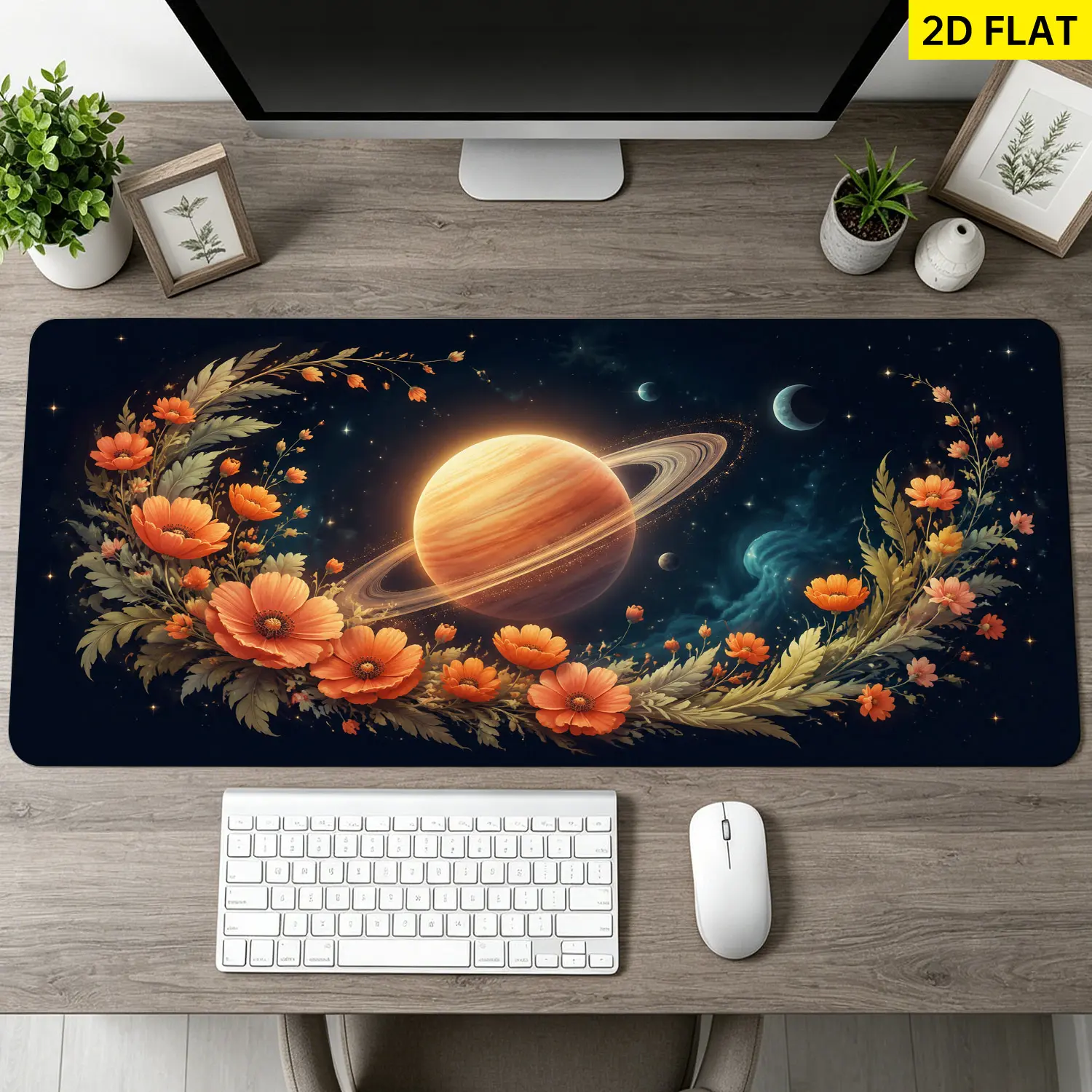 Extra Large Saturn Planet and Celestial Flowers Mouse Pad, Non Slip Rubber Pad, Desktop Decoration Drotection Pad, Washable, Lock Edge Multi Size, Premium Multipurpose Mousepad For Office, Home, Gift for Family and Friends