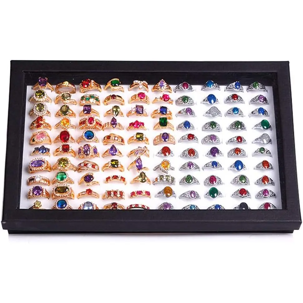 Rings Display Tray  100 Slot Case Box  Storage Box | Ring Box Holder Organizer with Glass Lid,100 Slots ,Earring Necklace Storage Tray,Black Color