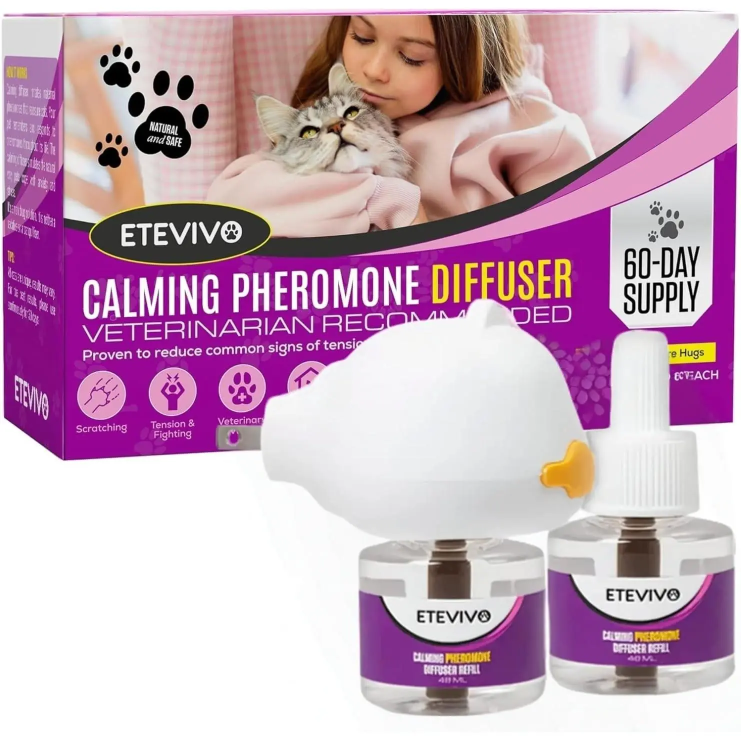 Cat Pheromone Calming Diffuser with 2 Refills - Relieves Anxiety, Promotes Well-Being & Comfort, 60 Days Long Lasting Serenity