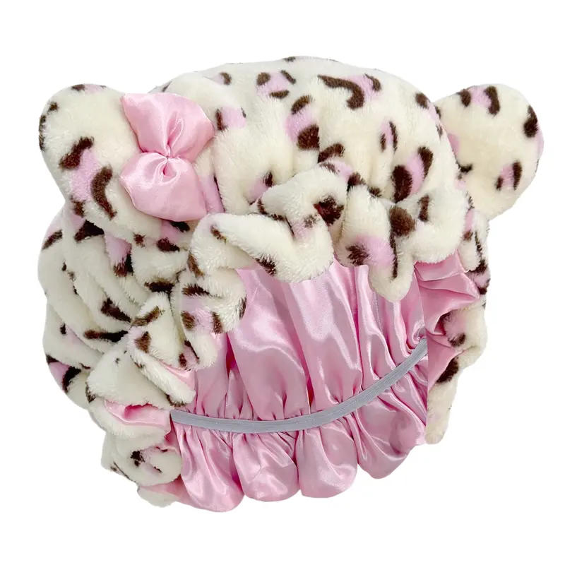 Viral Soft Girl Aesthetic 78g Fluffy Leopard Print Satin-Lined Bear Ear Sleep Bonnet - Smooth, Silky Elastic Sleep Bonnet for Curly Hair, Anti-Frizz, Hair Protection, Moisture Retention, Lightweight Nighttime Use