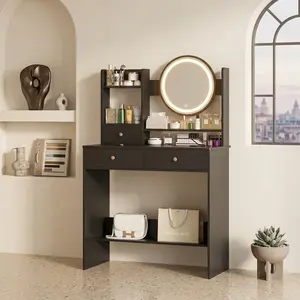 Black LED Makeup Vanity Desk with Touch Control Mirror, 3 Color Light Modes, MDF Dressing Table with 3 Drawers & Open Storage Shelves, Modern Stylish Makeup Station for Home Bedroom