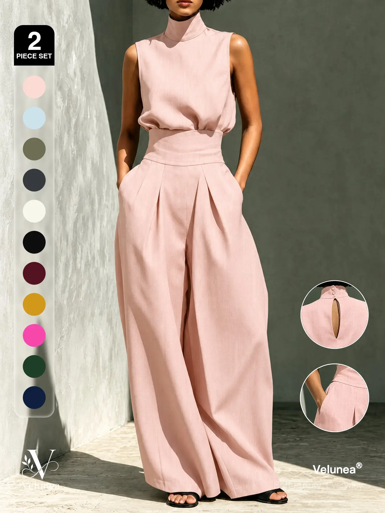 | 2-Piece Set | Velunea Women’s Minimalist Shirt and Wide Leg Pants Set, Sleeveless High Neck Top with Flowing Trousers, Elegant Resort Wear Outfit for Vacation and Everyday Chic Style Clothes