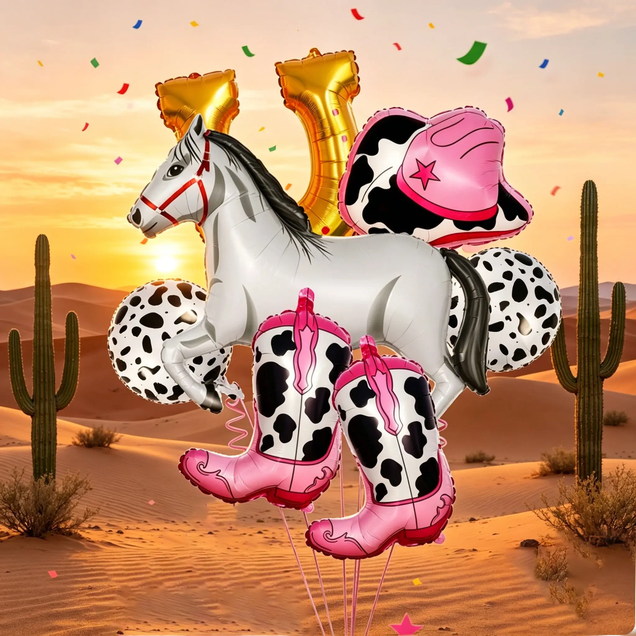 9-Piece Western Cowboy Theme Balloons Set, Includes Horseshoe, Boots, Horse, Milk Pattern Ball, Star Hat, Ideal for Cowgirl Birthday Party Decorations, Balloon Decorations Kit