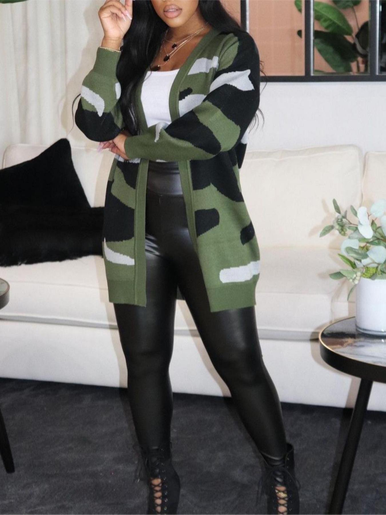 Women's Camo Print Open Front Cardigan, Loose, Casual Long Sleeve Drop Shoulder Knit Outerwear, Ladies Fall & Winter Clothes, Women Fall Outfit, Colorblock Midi Cardigan Sweater