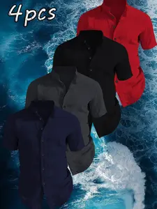 4-Pack Men's Summer Short Sleeve Shirts, Solid Color, Lightweight Breathable, Stand Collar Button Shirt, Ideal for Beach Poolwear