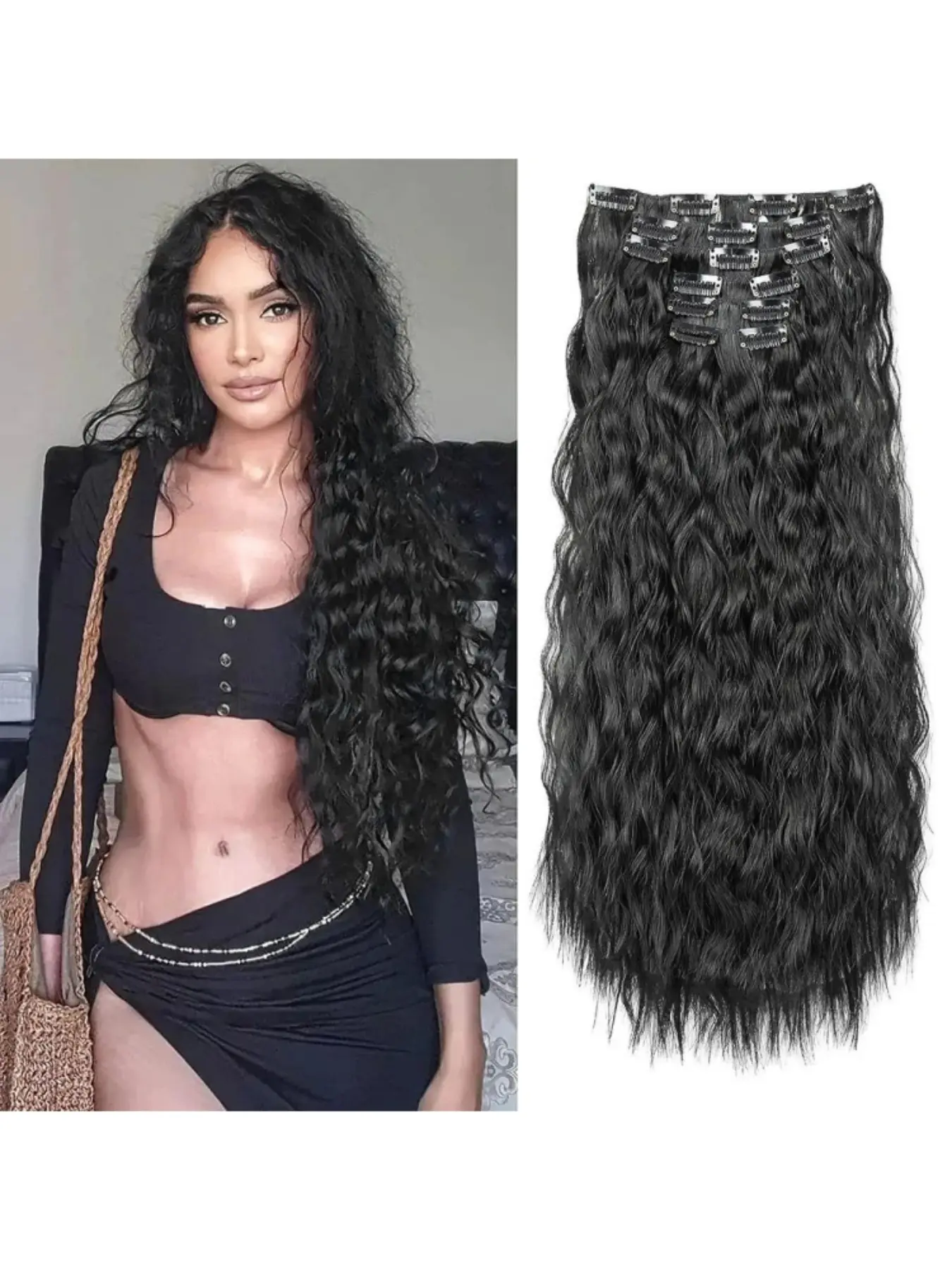 Long Deep Wave Clip-In Hair Extensions for Women, 6PCS Curly Synthetic Hair Extension Set, Natural Looking Full Head Hairpiece