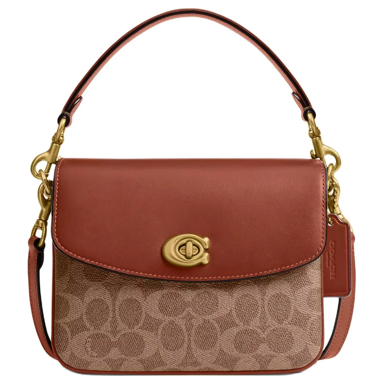 Coach Cassie 20 Small Crossbody Bag for Women, Detachable Chain Strap, Twist-Lock Closure, Coated Canvas, Tan and Caramel