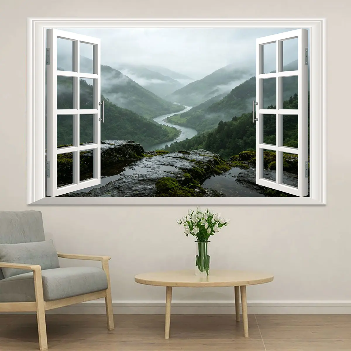 Mountain Cloud River Fake Window Wall Sticker, Peel And Stick Decal For Bedroom Living Room Bath Decor