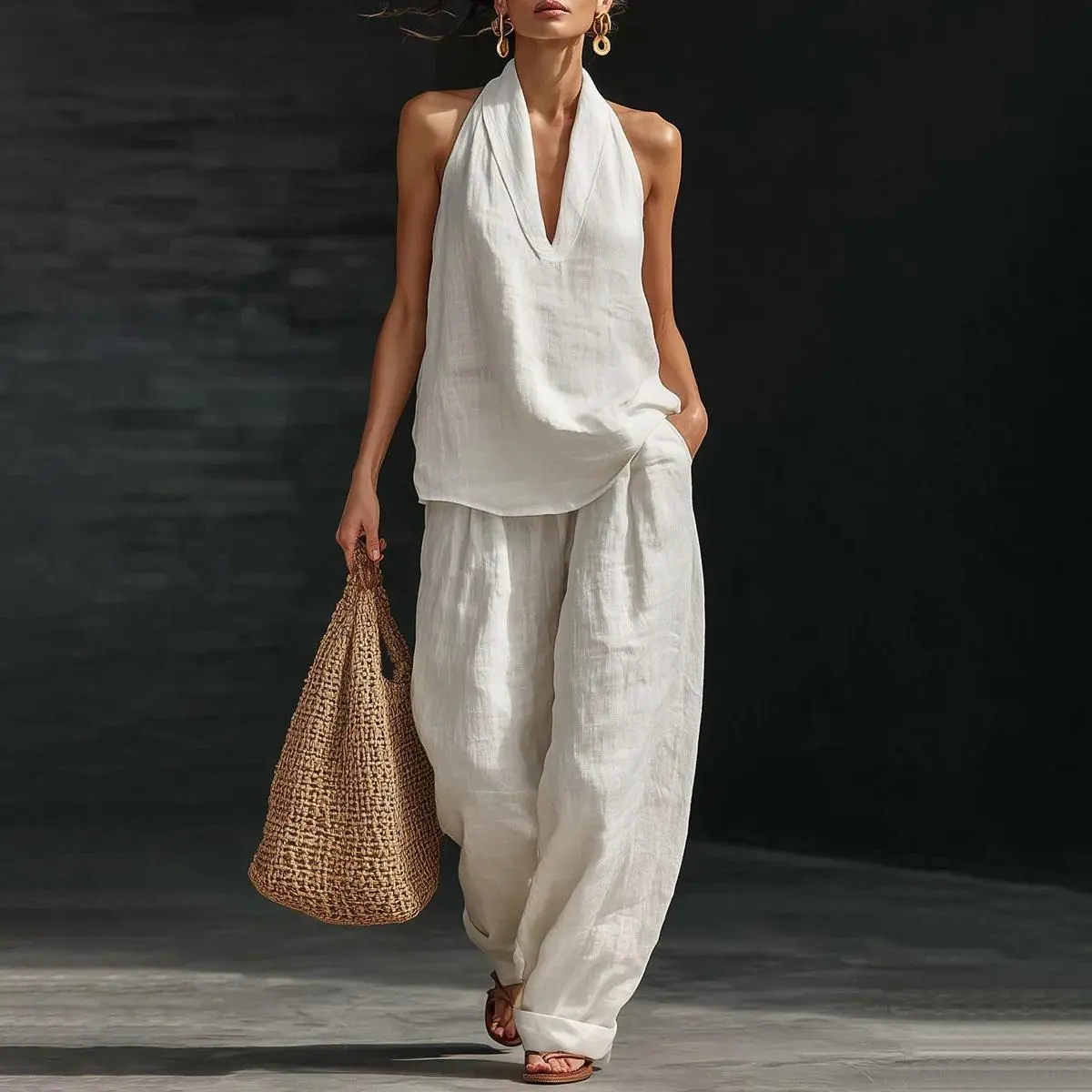 Women's 2-Piece Boho Set - Sleeveless Halter Neck Oversized Top & Wide Leg Pockets Pants, Lightweight Crinkle Cotton Linen, Minimalist Sheer Smooth Elastic Summer Everyday Black Outfit with Hat