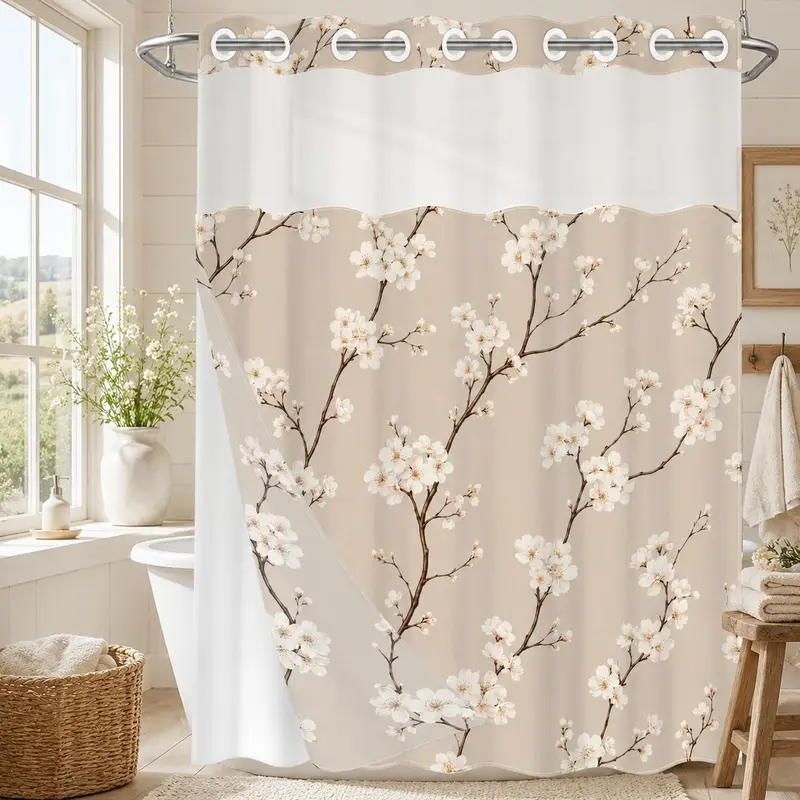 1Pc Hookless Double Layer, Beige Cherry Blossom Floral Print, Minimal Farmhouse Bathroom Decor, Water Repellent Washable Fabric, Removable Snap-in Liner, Top See-Through Window, Pretty Shower Curtain, For Apartment