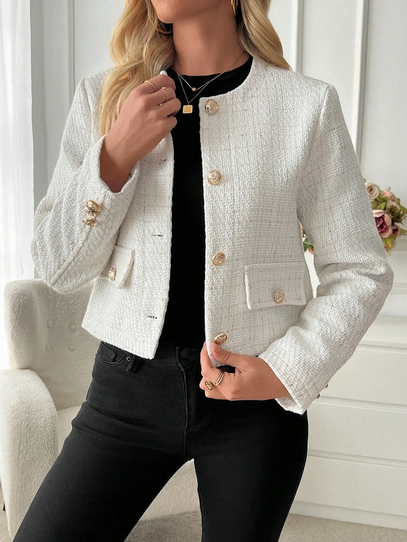 Elegant Women's Tweed Long Sleeve Round Neck Pilot Jacket, Front Button Outerwear, Fashion Autumn Cardigan, Stylish Ladies' Coat