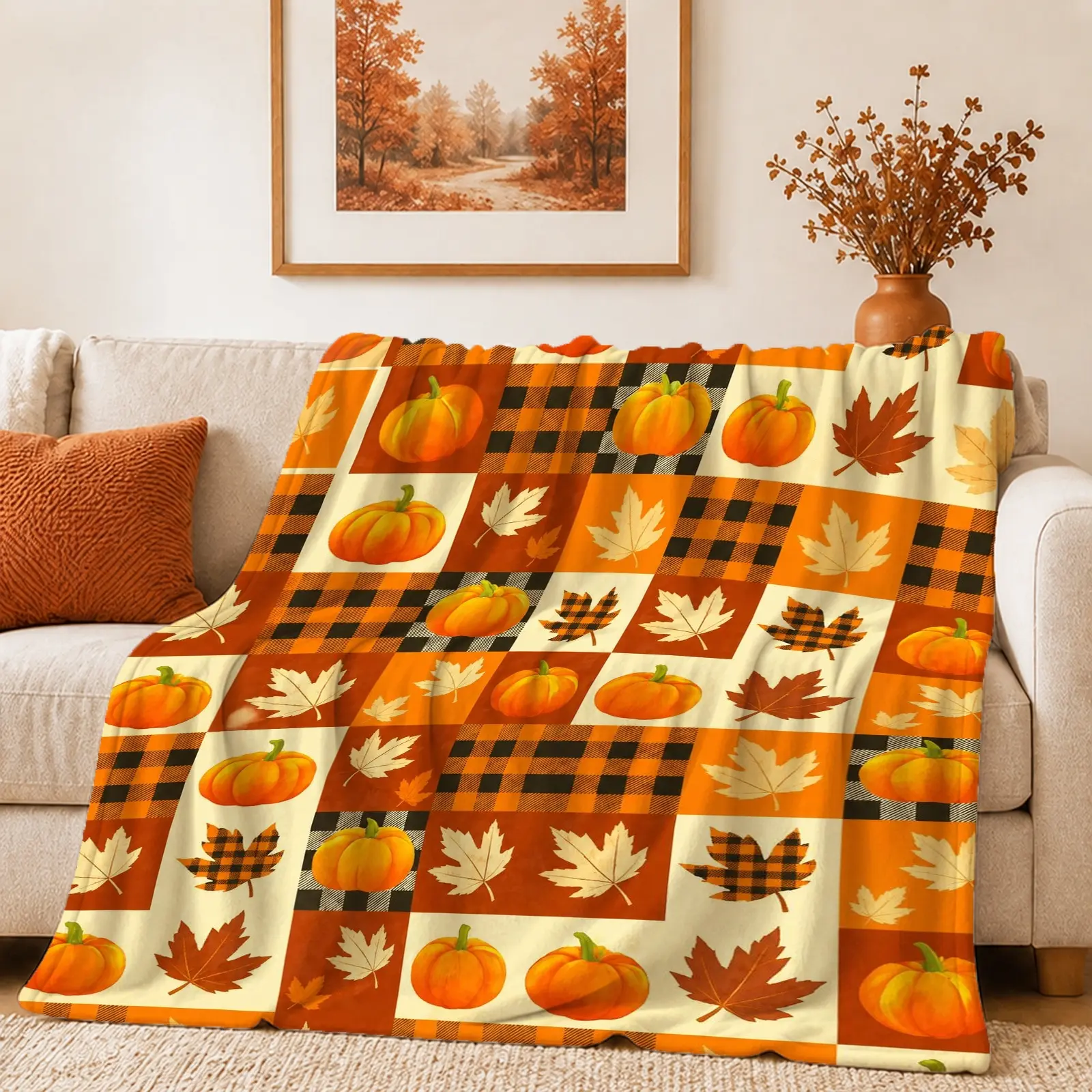 1pc Throw Blanket Autumn Pumpkin Plaid Patchwork Style Soft Warm Lightweight Pumpkin Maple Leaf Black Orange Buffalo Plaid Printed Blanket for Family Sofa Bed Living Room Bedroom Fall Decor