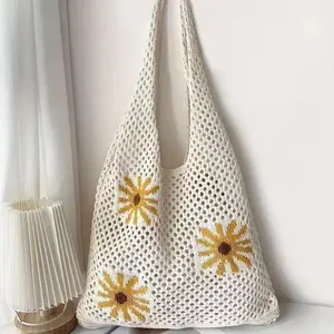 Women's Solid Color Straw Bag with Flower Decor, Fashionable Crochet Shoulder Bag Crossbody for Daily Used, Casual Trendy Versatile High-quality Daily Commuting Bag, Stylish Versatile Bag, Casual Trendy Purses Lightweight Traditional Chinese folk crafts
