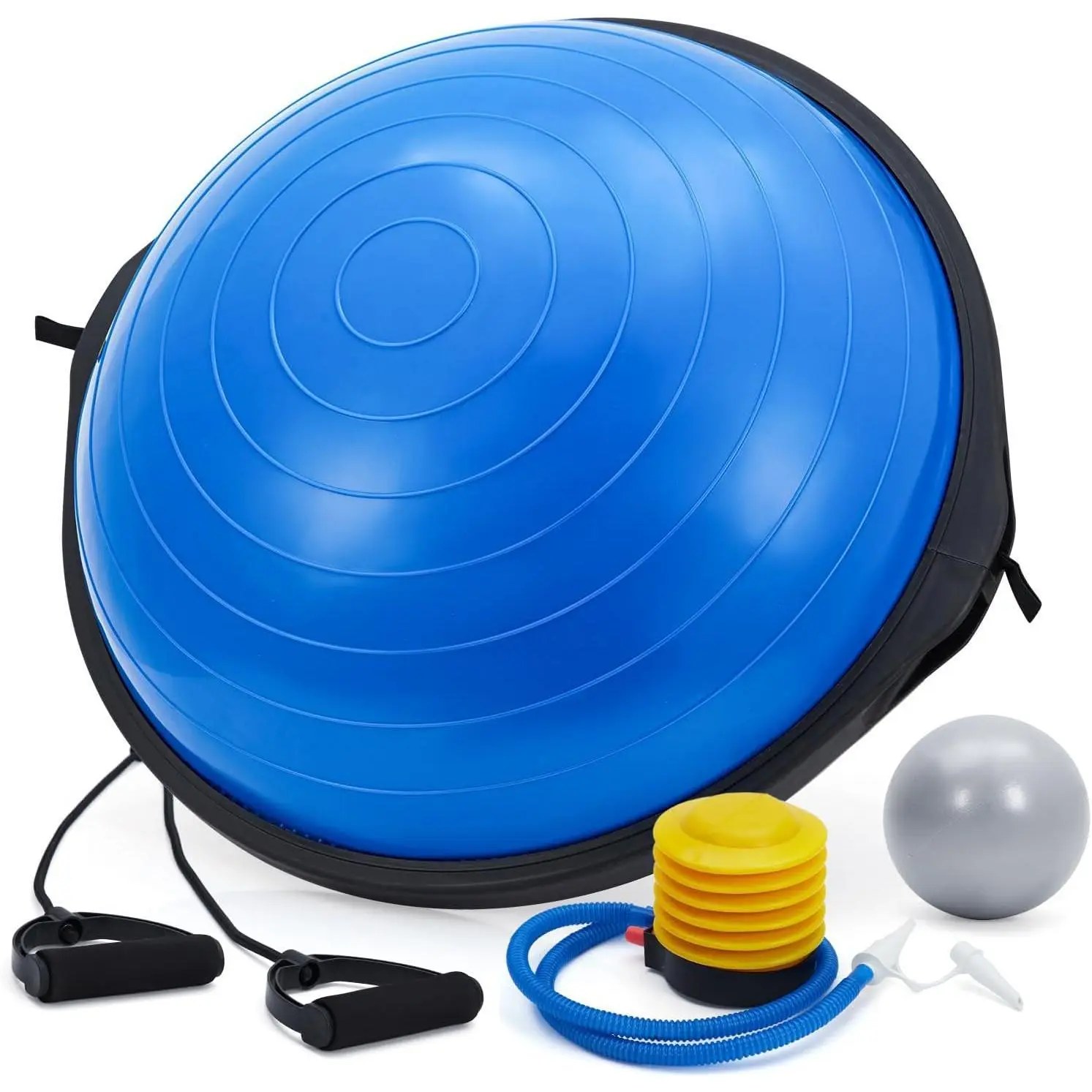 23-Inch Half Exercise Ball with Non-Slip Base, Inflatable Fitness Balance Trainer, Gym Workout Equipment with Detachable Resistance Bands and Foot Pump, Heavy Duty, Blue