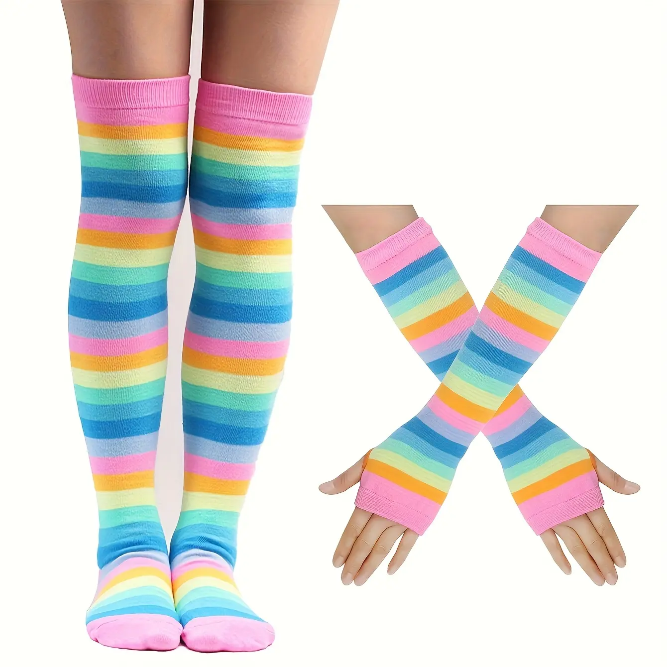 A Set of Knitted Colorful Striped Gloves And Calf Socks Featuring a Trendy And Innovative Design, Made from Soft And Skin-Friendly Material. These Snug-Fitting Over-The-Knee Leg Warmers And Socks Are Suitable for Young Teenager