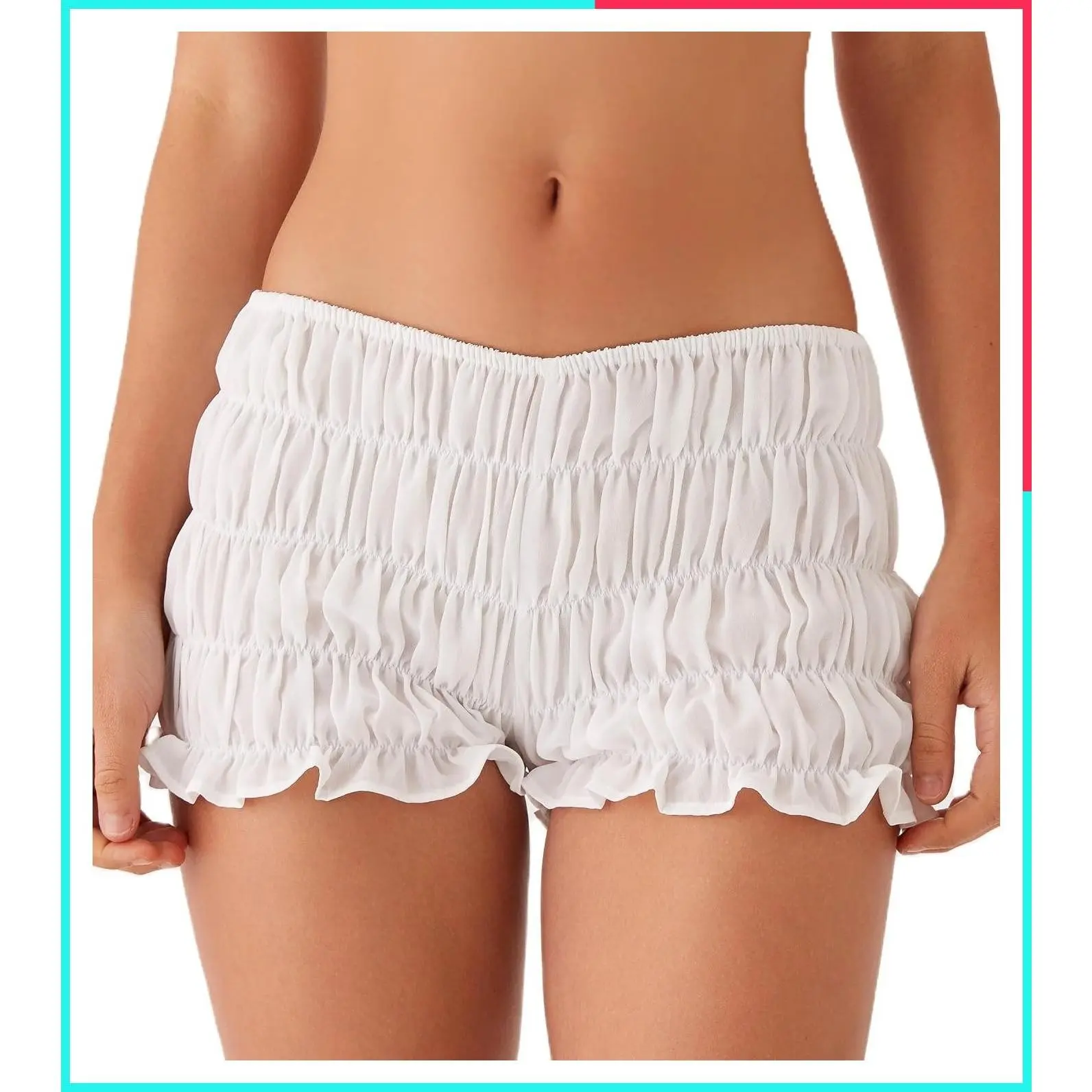 Women Y2K Low Waist Ruched Ruffle Frilly Mini Bloomer Shorts Layered Pettipants Cute Smocked Puffy Fluffy Boyshorts Festival Party Rave Lounge Going Out
