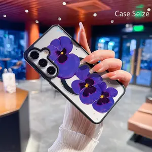 Phone Case: Purple Pansy Blooms with Soft Glow and Dreamy Charm Black Border Magnetic Phone Case, Anti-Yellowing, Slim Lightweight & Bare Feel, Luxury Premium Design for Samsung Galaxy S22 S23Fe S24 S25 Plus Ultra, Trendy & Perfect Gift