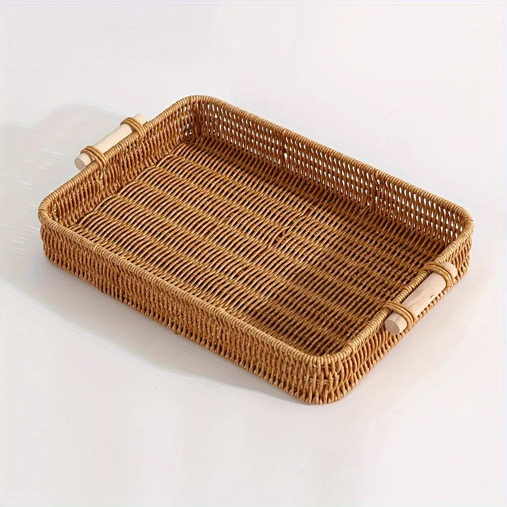 1pc Plastic Rattan Woven Storage Basket with Handle, Modern TV Cabinet Storage Basket, Rectangular Shallow Mouth Storage Box, Suitable for Living Room, Bedroom, Kitchen, Bathroom, Hotel Service Clutter Storage Basket, Shelf Baskets
