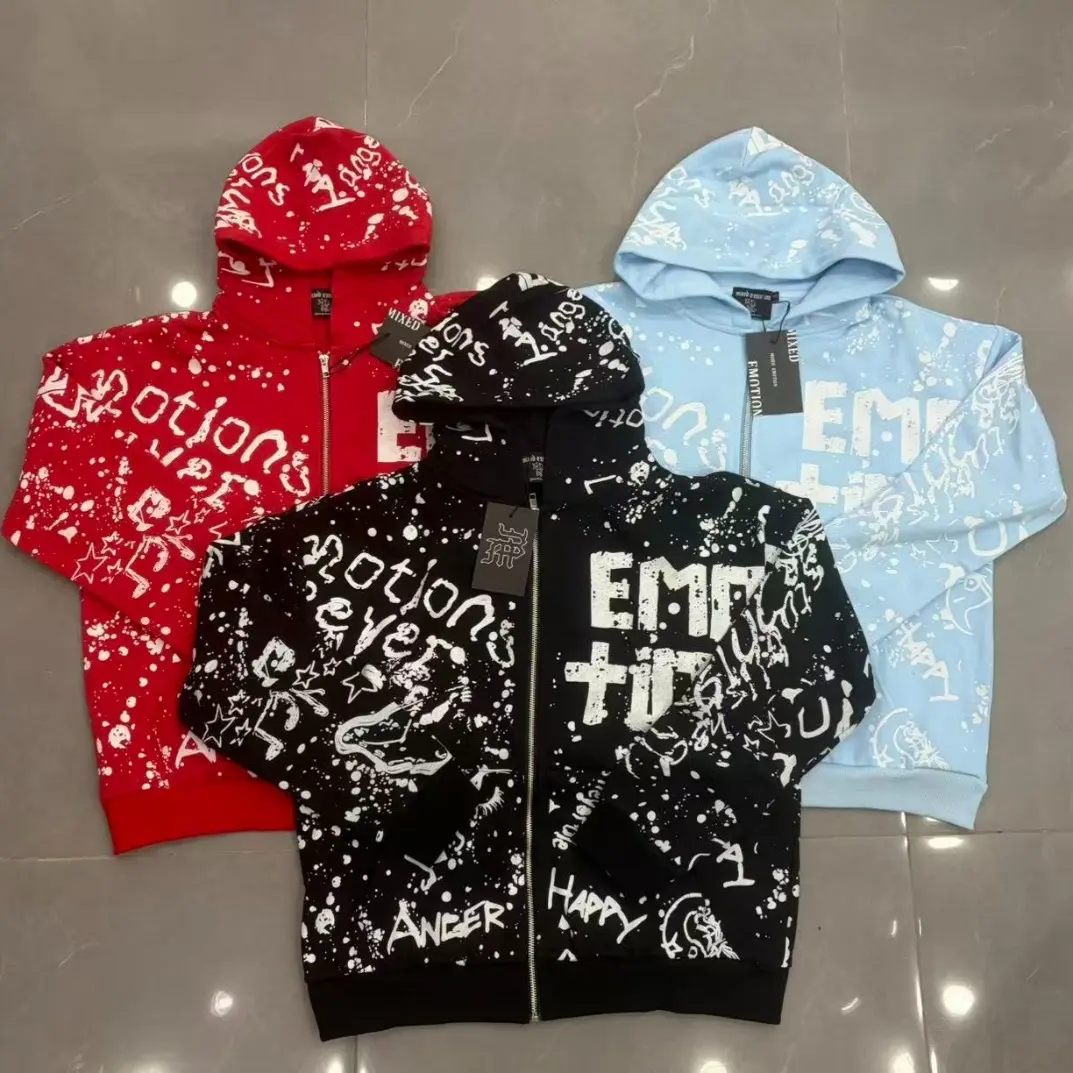 Trending MIXED EMOTION Unisex Graphic Zip Up Hoodie 100% Cotton Graffiti Paint Splatter Y2K Streetwear Jacket Loose Casual Long Sleeve Hooded Sweatshirt for Men Women Summer Fall Fashion Gift