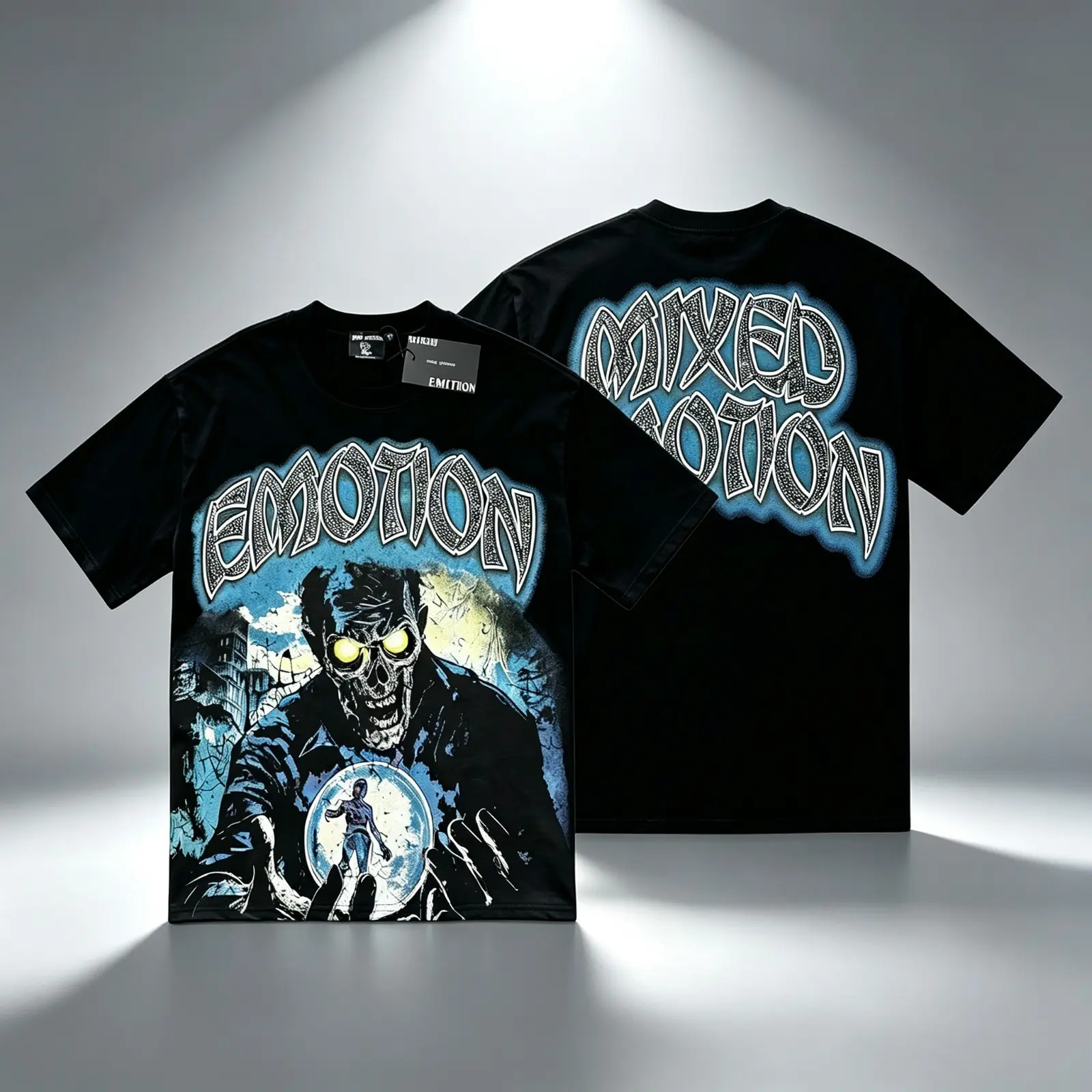 Y2K MIXED EMOTION Rhinestone Zombie Graphic Tee, 240g Heavyweight Black Cotton Oversized T-Shirt, Vintage Washed Retro Gothic Streetwear Shirt, Unisex Hip Hop Casual Top for Men Women, Halloween Outfit