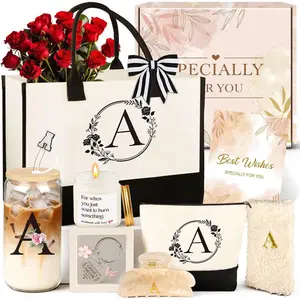Birthday Gifts for Women, 10 count Monogrammed Gifts for Women Initial Canvas Tote Bag, Makeup Bag, Glass Cup, Hair Clip, Candle Basket Birthday Personalized  for Her Woman Mom Wife  Teacher, A