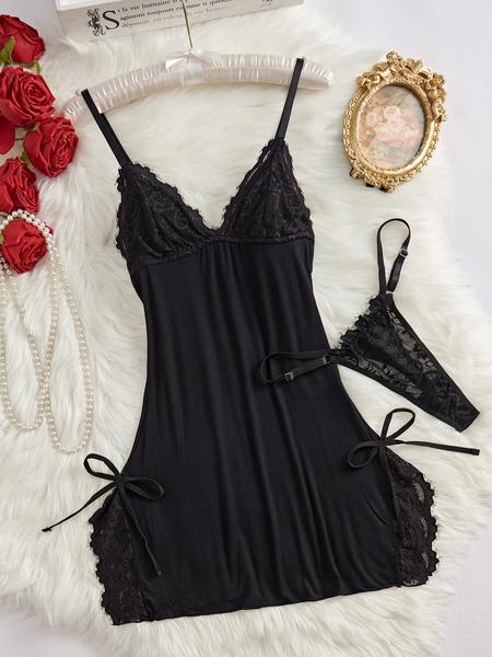 Women's Bow Decor Contrast Lace Cami Nightdress & Thong Set, Comfy Sexy Lingerie for All Seasons, Fashion Ladies Sleepwear & Homewear