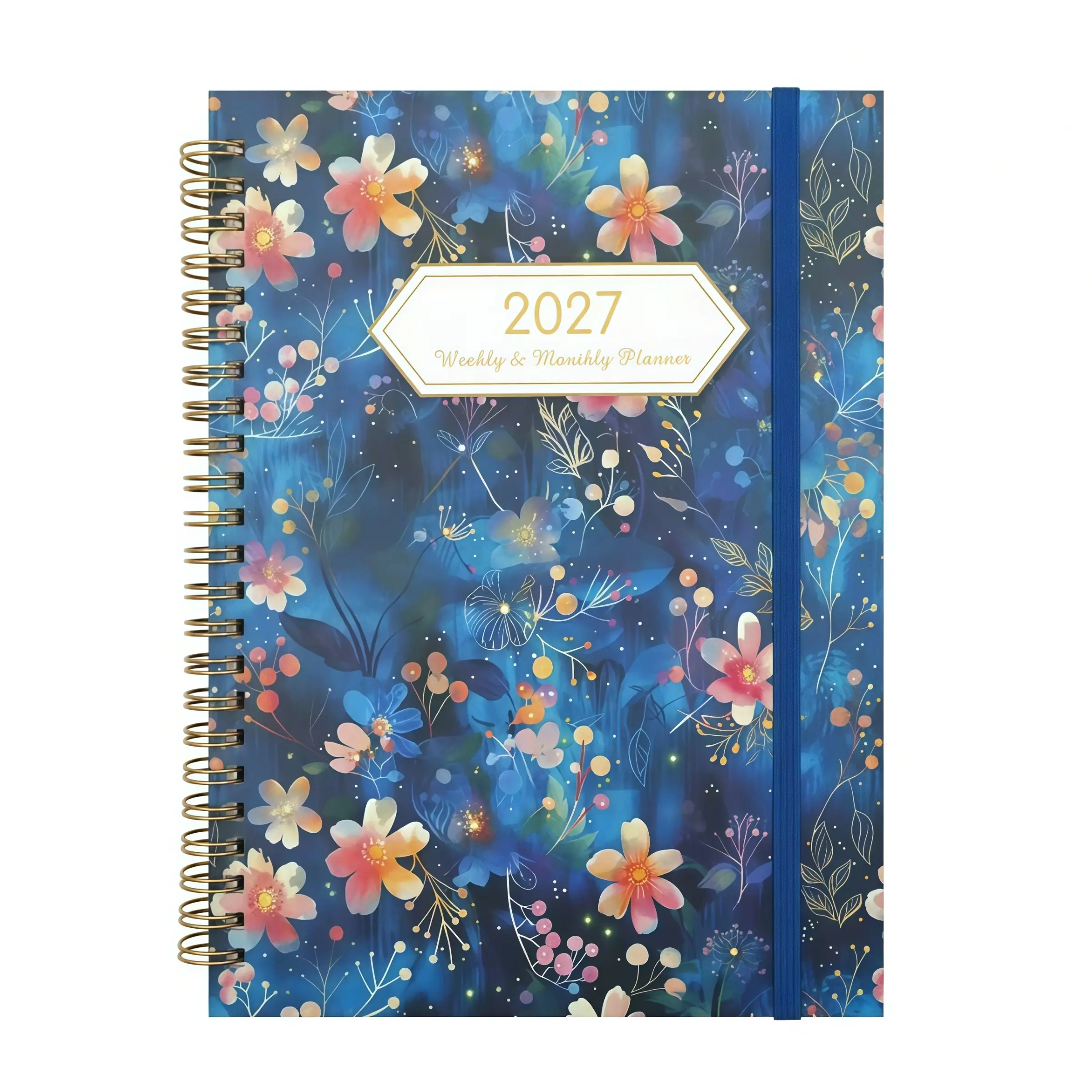 2027 Planner Weekly & Monthly, Spiral Bound Agenda with Monthly Tabs, Elastic Closure & Inner Pocket, Floral Hardcover Calendar Organizer for Work School Home, 12 Month Daily Planner Gift for Women & Students