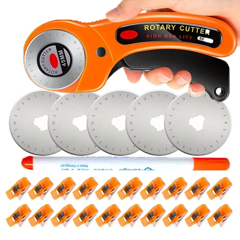 45mm Rotary Cutter Set, 27 Pieces Sewing Kit Including 1 Cutter, 5 Blades, Sewing Clips, Marker, DIY Sewing Tools, Craft Supplies, Crafting Sewing Tools, Sewing Accessories