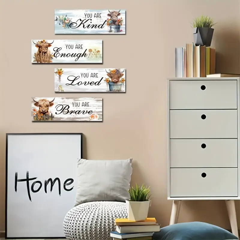 4Pcs Highland Cow Wooden Wall Sign Set, Farmhouse Floral Cow Inspirational Quote Wall Decor, You Are Kind Enough Loved Brave Rustic Wood Plaque for Bedroom Nursery Country Home Wall Art
